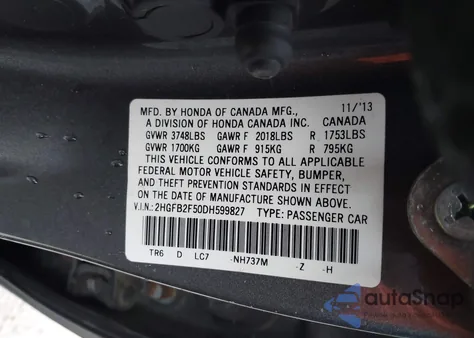2013 Honda Civic Lx from USA, damaged, VIN 2HGFB2F50DH599827